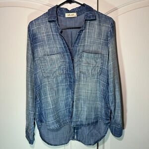 Bella Dahl Denim Plaid Button Down‎ Shirt Tail Blouse Tunic Split Back Tencel XS